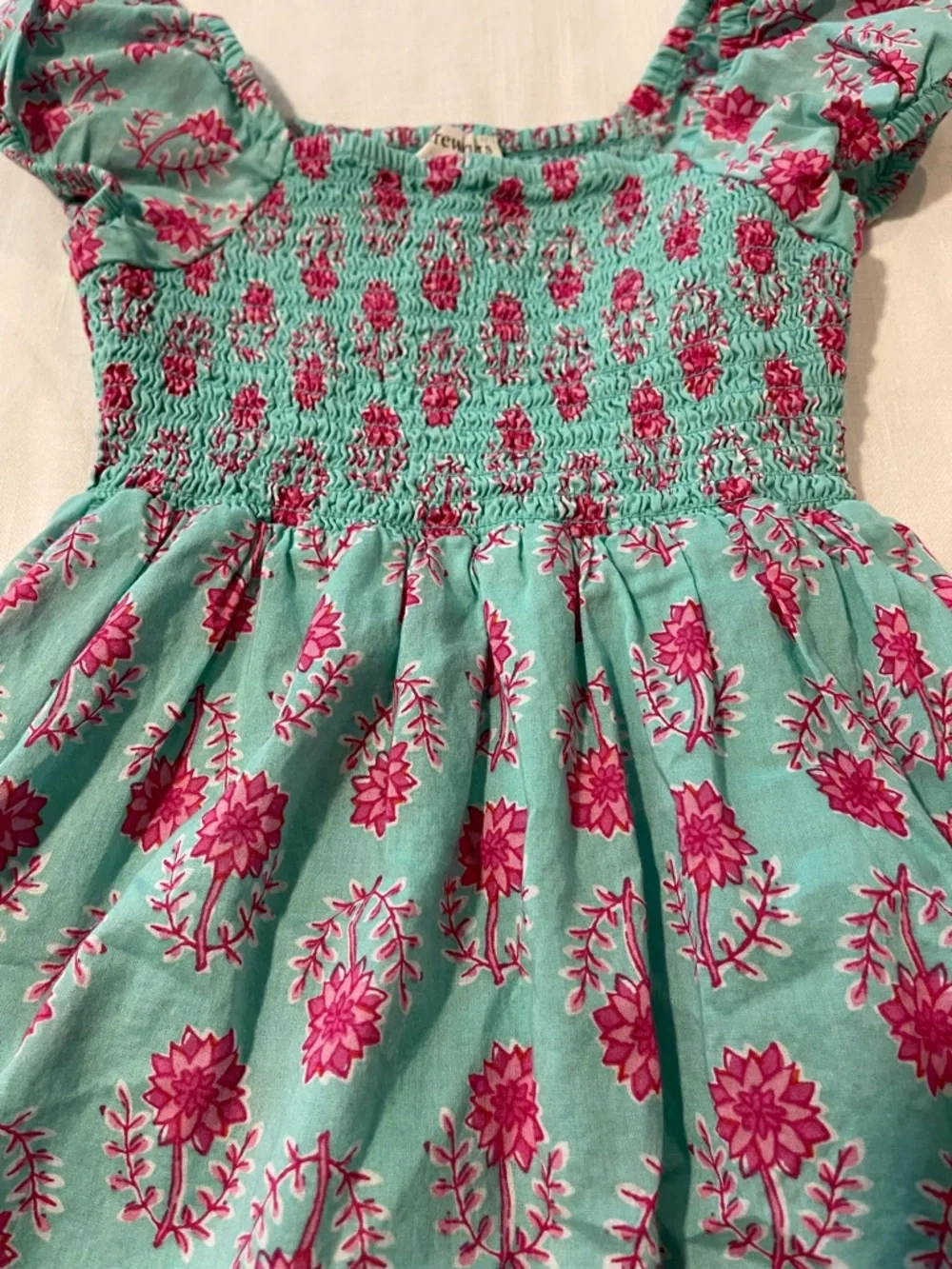 Crewcuts Turquoise Dress with Pink Floral Print and Puff Sleeves